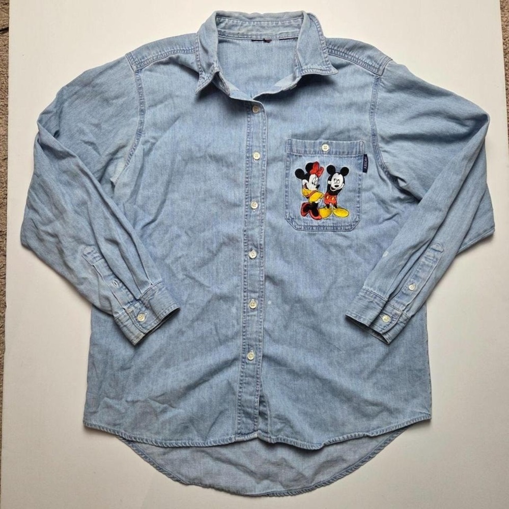 90s Vintage Mickey Mouse Button Up Women Medium Minnie Disney Denim Top Shirt